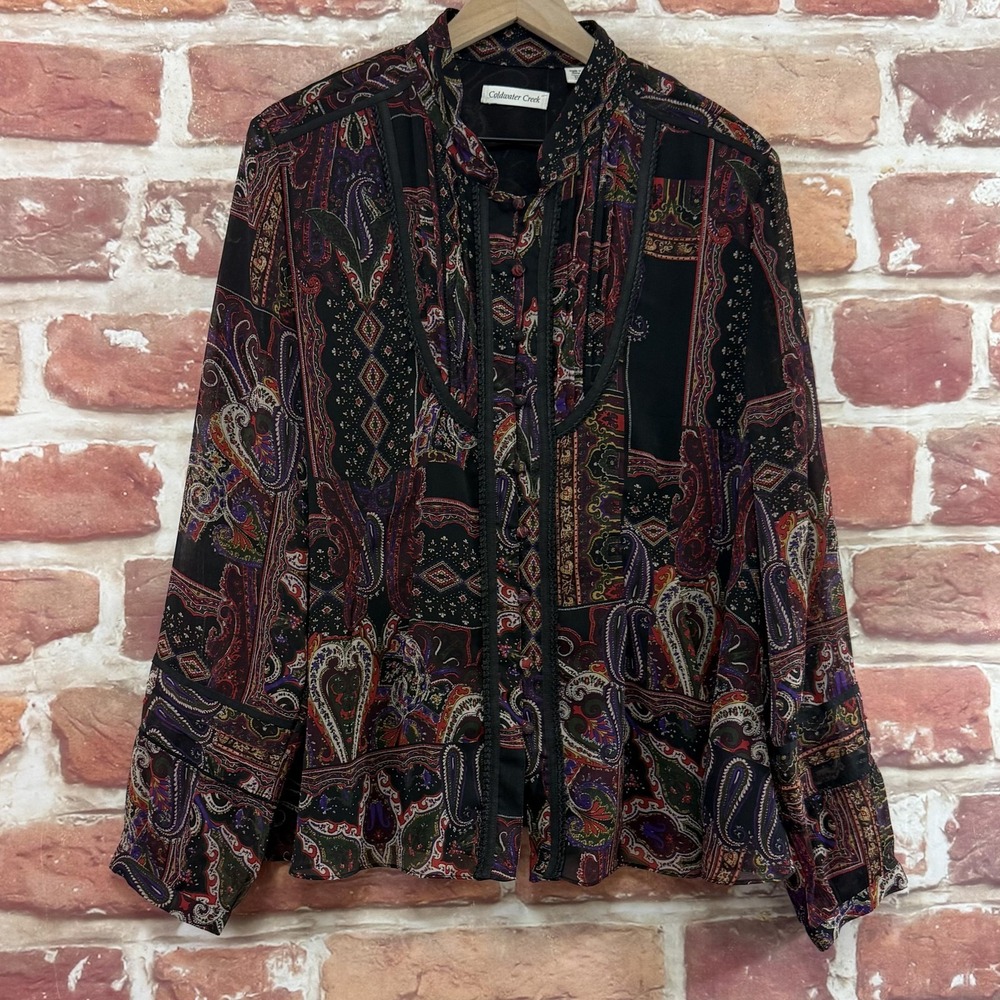 Coldwater Creek Top Women's XL Black Multicolor Boho Floral Embroidered Shirt - Picture 2 of 9